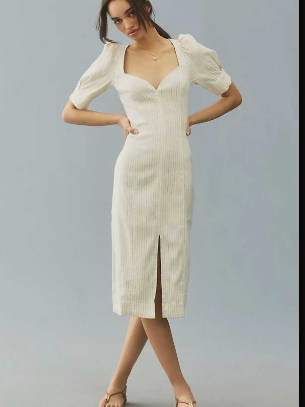 Anthropologie x Pilcro Ivory Midi Dress with Sweetheart Neckline and Front Slit